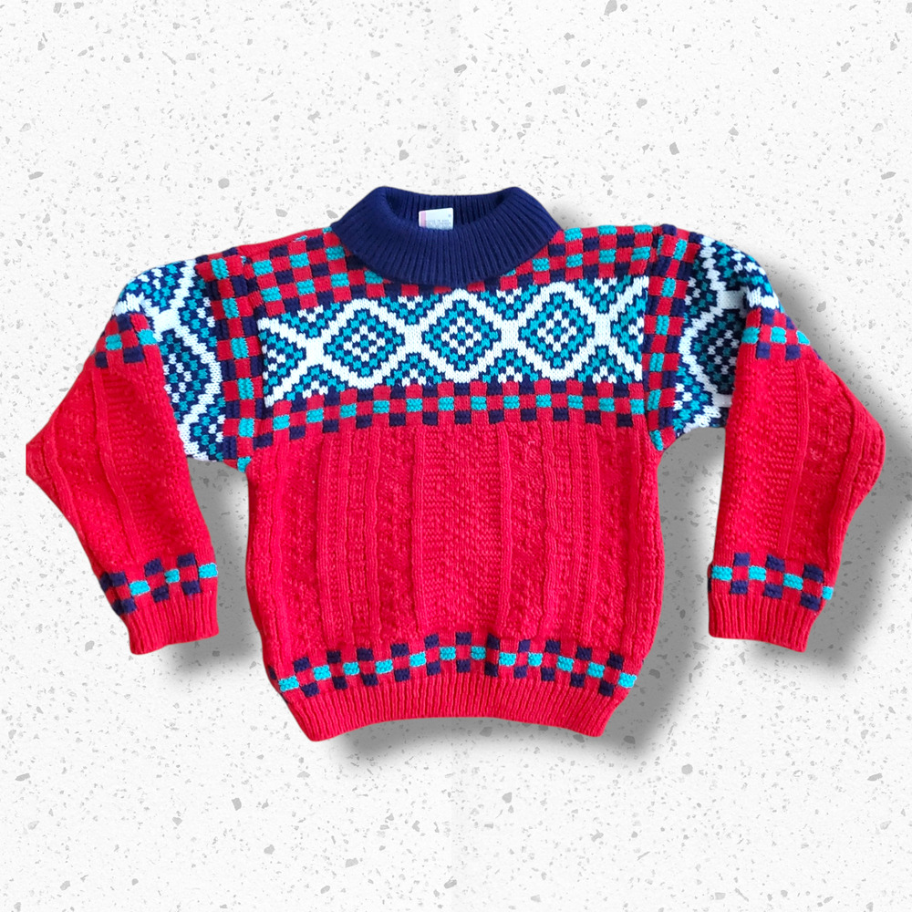 VTG 90s Kids Red and Multicolored Geometric Pattern Sweater Sz Youth 6
